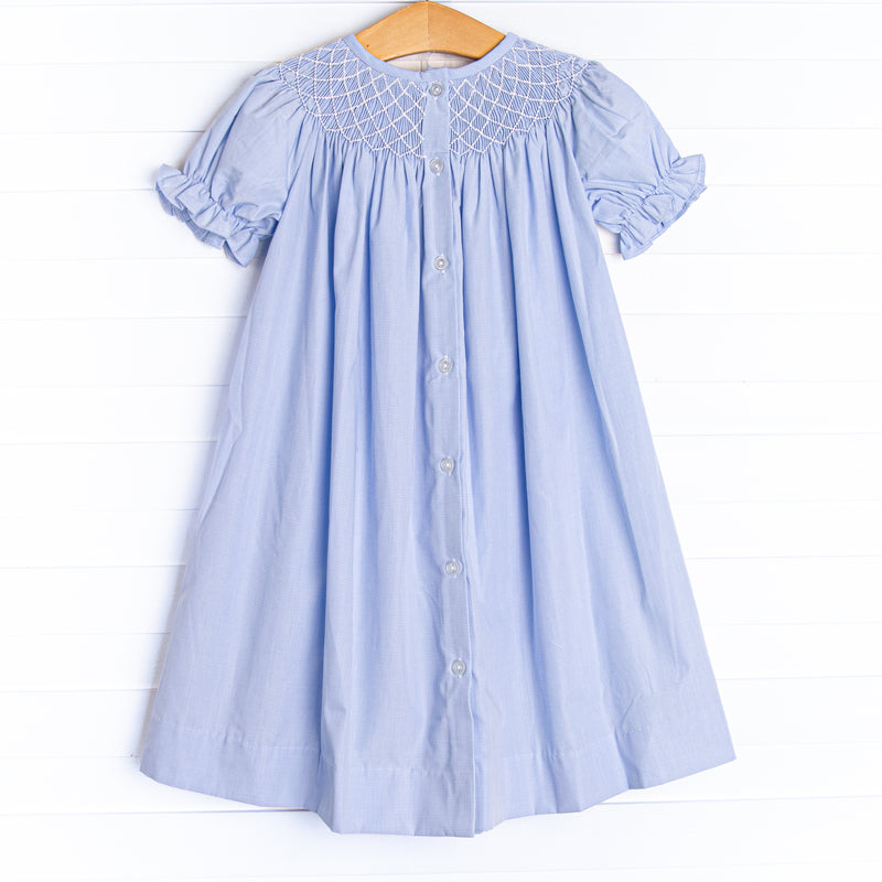 Easter Wishes Smocked Bishop Dress, Blue Stitchy Fish Easter Wishes Smocked Bishop Dress, Blue Stitchy Fish