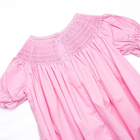 pink smocked easter dress Beautiful hand smocked pink Easter dress trimmed in pink with cute bunnies across the bodice