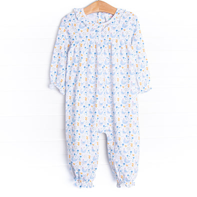 Chicks and Chirps Ruffle Romper, Blue