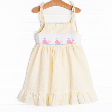 Whale's Tail Smocked Dress, Yellow Seersucker