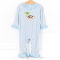 Dabbling Ducky Applique Ruffle Romper, Blue Stripe