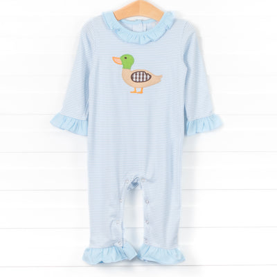 Dabbling Ducky Applique Ruffle Romper, Blue Stripe
