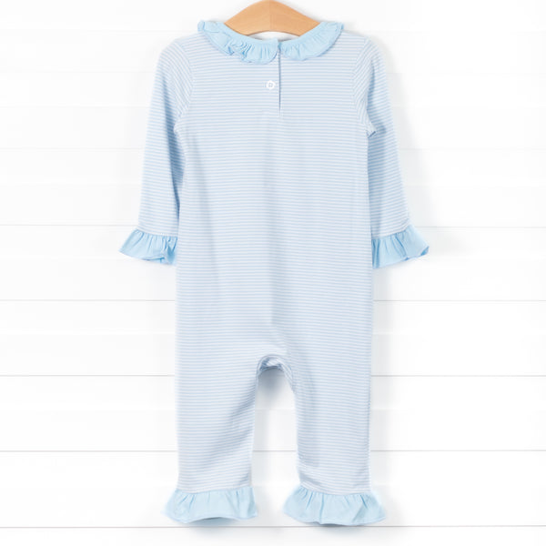 Dabbling Ducky Applique Ruffle Romper, Blue Stripe