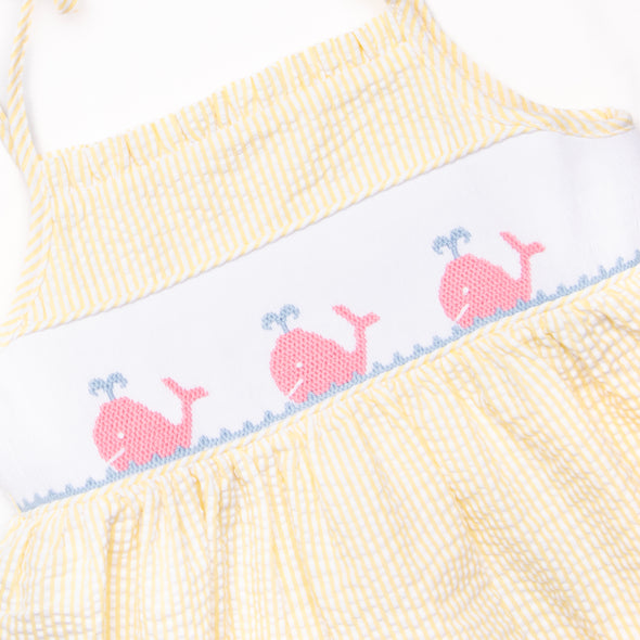 Whale's Tail Smocked Dress, Yellow Seersucker