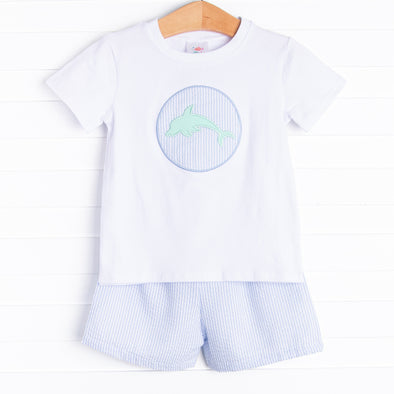 Dolphin Darling Applique Short Set, Blue