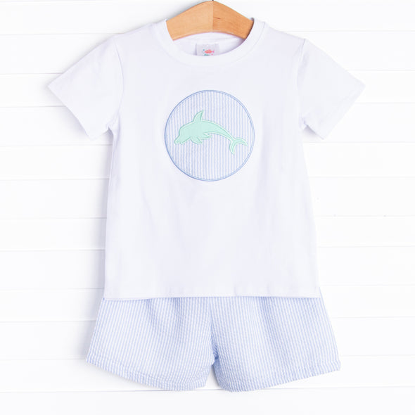 Dolphin Darling Applique Short Set, Blue