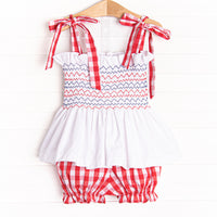 Patriotic Picnic Smocked Bloomer Set, Red