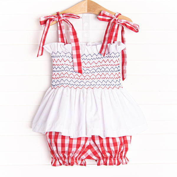 Patriotic Picnic Smocked Bloomer Set, Red