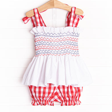 Patriotic Picnic Smocked Bloomer Set, Red