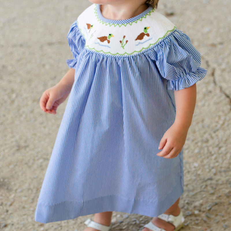 Cattail Cuties Smocked Bishop Dress, Navy Stripe – Stitchy Fish