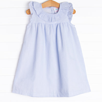 Simple Seersucker Ruffle Dress, Blue