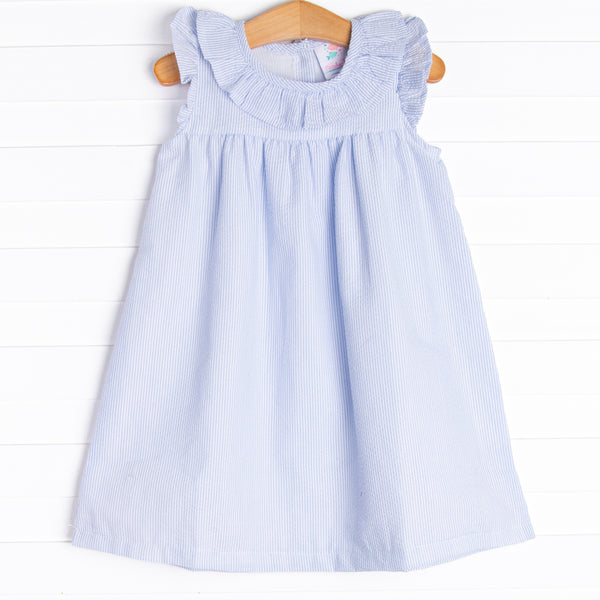 Simple Seersucker Ruffle Dress, Blue