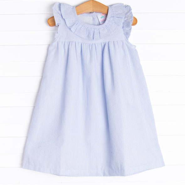 Simple Seersucker Ruffle Dress, Blue