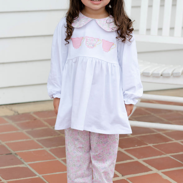 Tiffany Teacup Applique Ruffle Pant Set, Pink