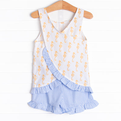 Saltwater Seahorse Ruffle Short Set, Blue