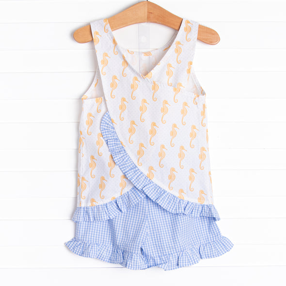 Saltwater Seahorse Ruffle Short Set, Blue