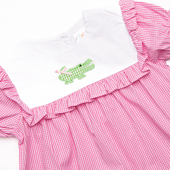 Gingham Gator Applique Dress, Pink