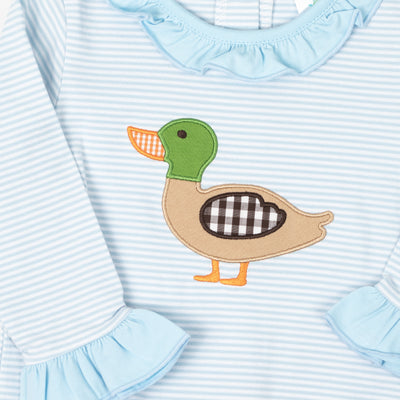 Dabbling Ducky Applique Ruffle Romper, Blue Stripe