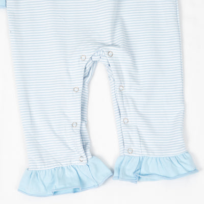 Dabbling Ducky Applique Ruffle Romper, Blue Stripe