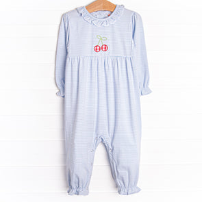 Very Cherry Applique Ruffle Romper, Blue Stripe