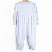 Very Cherry Applique Ruffle Romper, Blue Stripe