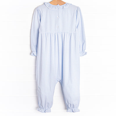 Very Cherry Applique Ruffle Romper, Blue Stripe
