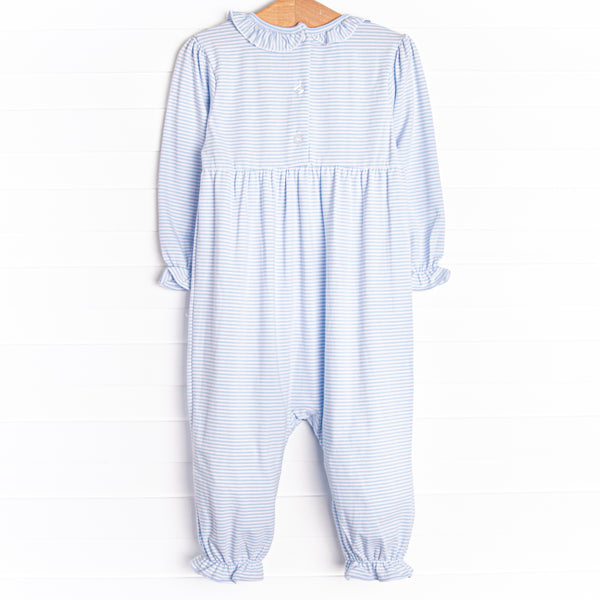 Very Cherry Applique Ruffle Romper, Blue Stripe