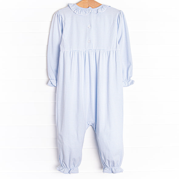 Very Cherry Applique Ruffle Romper, Blue Stripe