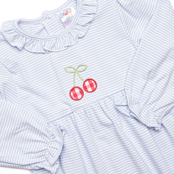 Very Cherry Applique Ruffle Romper, Blue Stripe