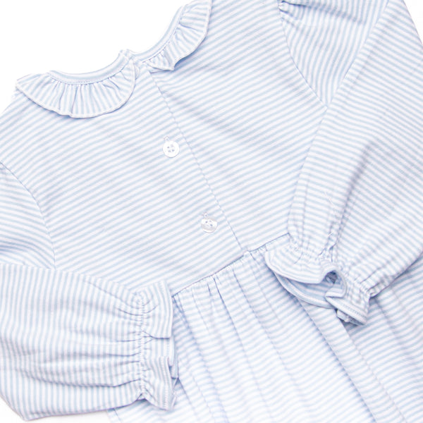 Very Cherry Applique Ruffle Romper, Blue Stripe