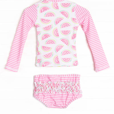 Slices and Stripes Long Sleeve Rash Guard Bikini, Pink