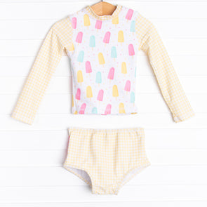 Popsicle Polka Dots Long Sleeve Rash Guard Bikini, Yellow