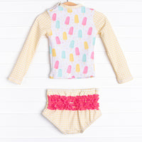 Popsicle Polka Dots Long Sleeve Rash Guard Bikini, Yellow