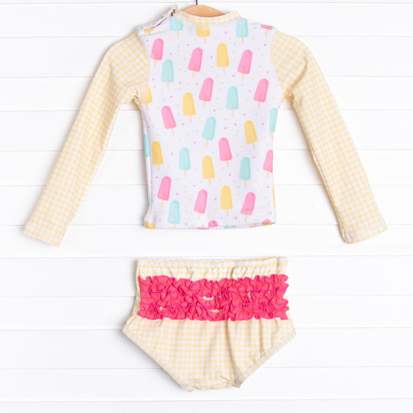 Popsicle Polka Dots Long Sleeve Rash Guard Bikini, Yellow