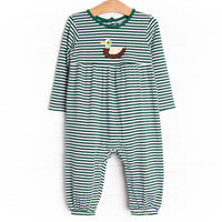  A long sleeve knit romper in a green striped pattern, with a duck applique and snaps on the stride. 