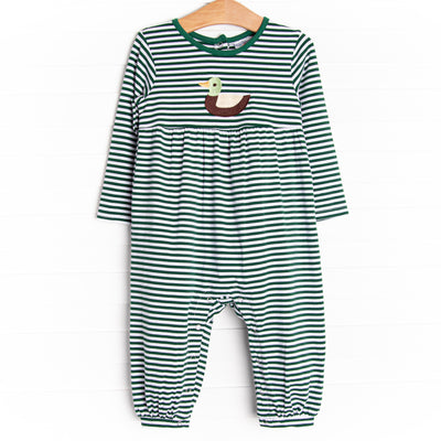  A long sleeve knit romper in a green striped pattern, with a duck applique and snaps on the stride. 