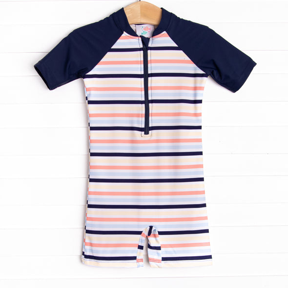 Sunset Stripes One Piece Rash Guard, Blue