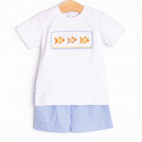 School of Fish Smocked Short Set, Blue
