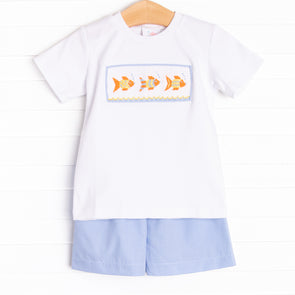 School of Fish Smocked Short Set, Blue