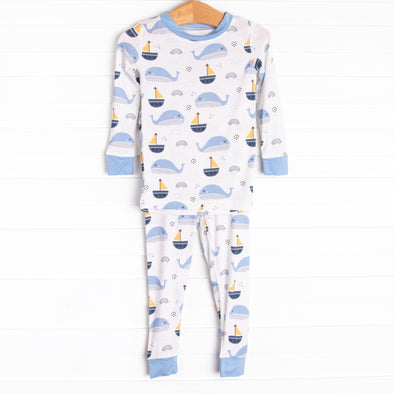 Whales and Sails Bamboo Pajama Set, Blue