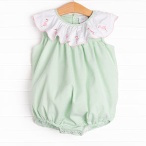Flamingo Flock Embroidered Bubble, Green Seersucker