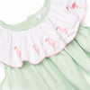 Flamingo Flock Embroidered Dress, Green Seersucker
