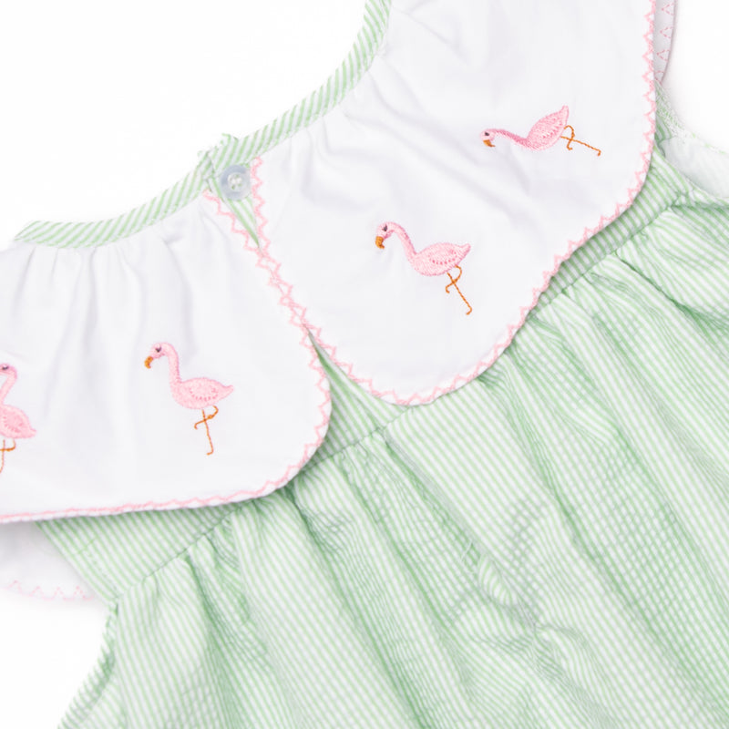 Girl's Flamingo Flock Embroidered Dress in Green Seersucker size 8 | Stitchy Fish Girl's Flamingo Flock Embroidered Dress in Green Seersucker size 8 | Stitchy Fish