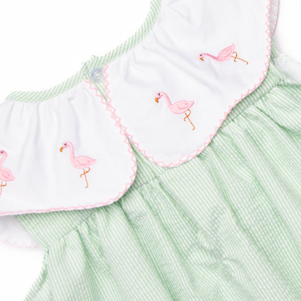 Flamingo Flock Embroidered Bubble, Green Seersucker