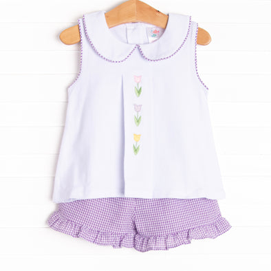 Tulip Tiers Embroidered Ruffle Short Set, Purple