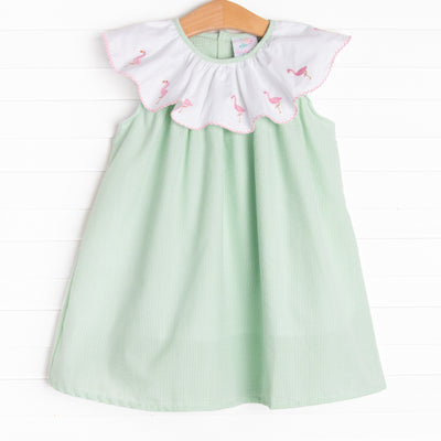 green flamingo dress Flock Embroidered Dress, Seersucker – Stitchy Fish FW25D3