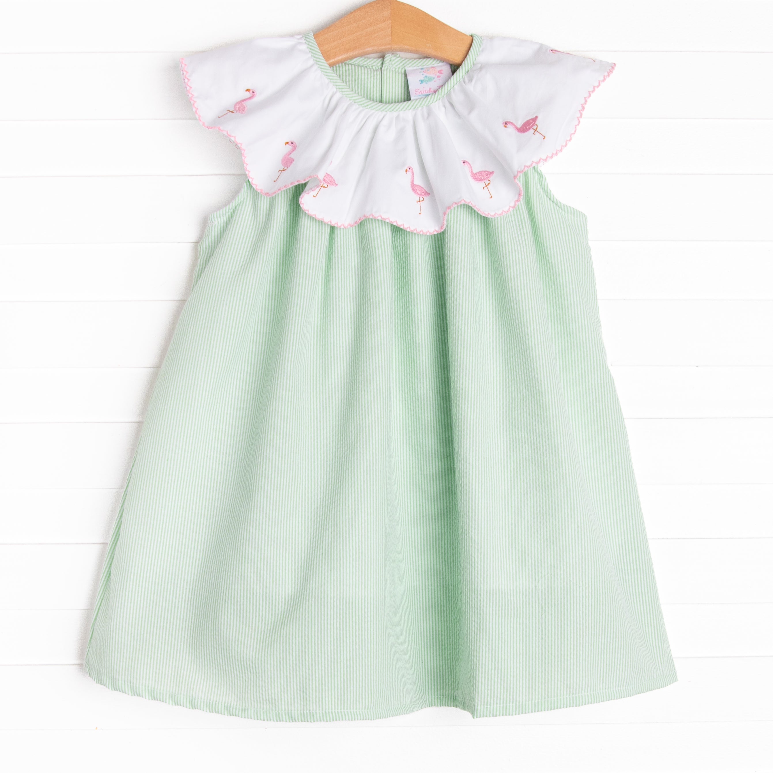 Girl's Flamingo Flock Embroidered Dress in Green Seersucker size 8 | Stitchy Fish Girl's Flamingo Flock Embroidered Dress in Green Seersucker size 8 | Stitchy Fish