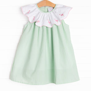 Flamingo Flock Embroidered Dress, Green Seersucker