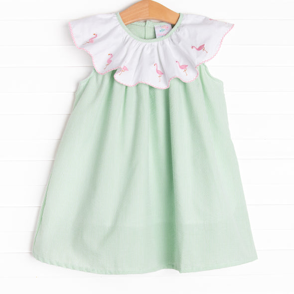 Flamingo Flock Embroidered Dress, Green Seersucker