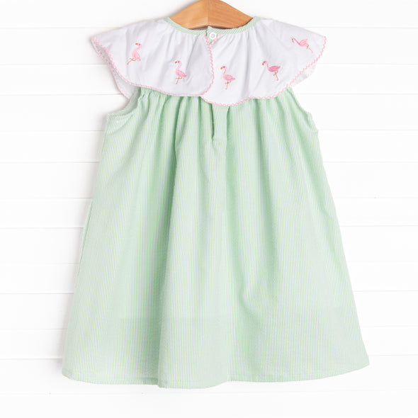 Flamingo Flock Embroidered Dress, Green Seersucker